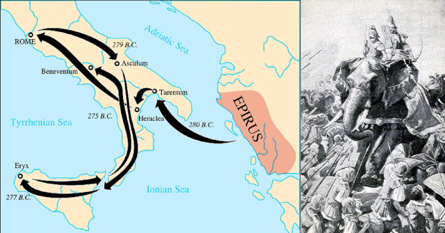 Pyrrhus' route and a depiction of the ROmans attempting to repulse one of the elephants.