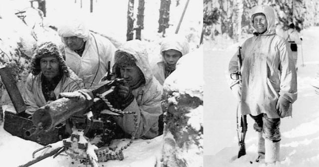 On the left is a well-protected Finnish machine gun position. on the right is FInnish sniper Simo Häyhä, credited with over 500 kills in around 100 days, helped greatly by the lack of Russian snow camoflauge in the early weeks.