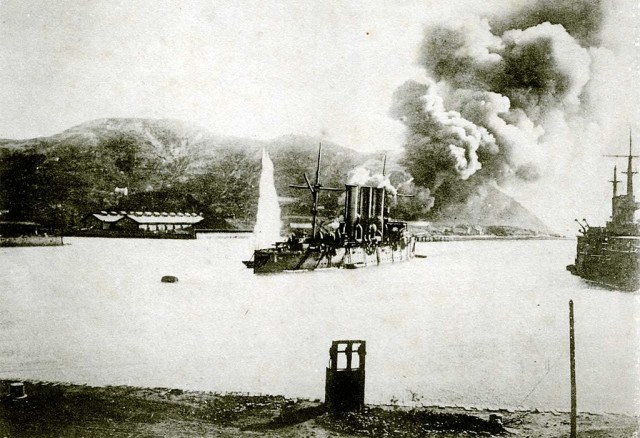 One of the Russian ships on fire during the land side bombardment.