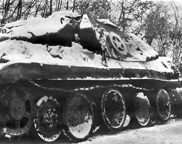 Knocked-out Panther tank disguised as an M10 Tank Destroyer