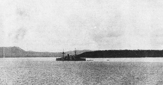 Halftone photograph of Charleston at the entrance to the harbor of Agana, Guam, 20-21 June 1898, when she captured the island from the Spanish.
