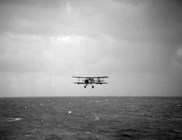 A Swordfish returns to Ark Royal after making the torpedo attack against Bismarck