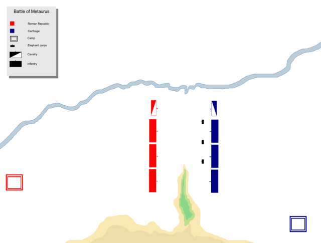 One possible way the armies were lined up, though if this were the case, the elephants would likely have been sent charging towards the Roman left at the start of the battle.