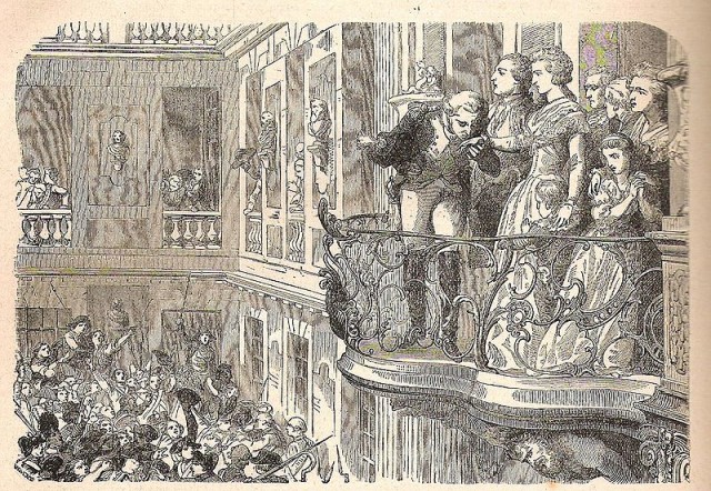 The royal family face the crowd in a contemporary woodcut. Lafayette, commander of the Guard, kisses the hand of the queen
