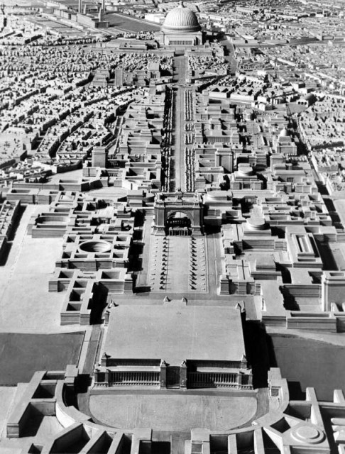 A model of Adolf Hitler's plan for Berlin formulated under the direction of Albert Speer, looking north toward the Volkshalle at the top of the frame. Bundesarchi / CC-BY-SA 3.0