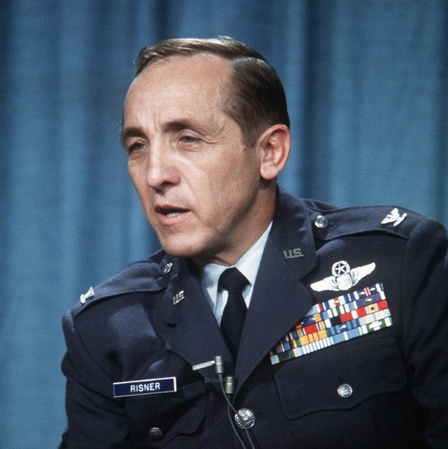 "Former POW and U.S. Air Force COL Robinson Risner, (Captured 16 Sep 65) answer questions at a press conference. COL Risner was released by the North Vietnamese in Hanoi on 12 Feb 73."