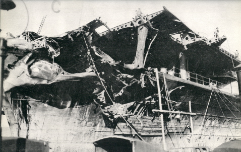 Damage to the Imperial Japanese Navy aircraft carrier Shokaku sustained on May 8, 1942 during the Battle of the Coral Sea.