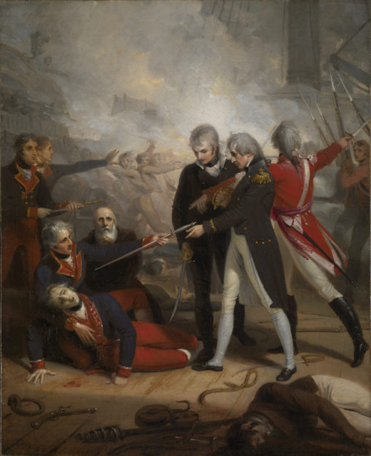 Nelson receives the surrender of the San Nicholas, an 1806 portrait by Richard Westall.
