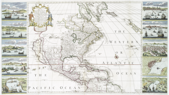 A new & correct map of the trading part of the West Indies : including the seat of war between Gr. Britain and Spain : likewise the British Empire in America, with the French and Spanish settlements adjacent thereto : adorn'd with prospects of ye most considerable towns, ports, harbours &c. therein contained from the latest & best observations London: Printed for and sold by Henry Overton, at the White Horse without Newgate, 1741 "Dedicated to the Honble. Edward Vernon Esqr., Vice Admiral of the Blue and Commander in chief of all his Majs. ships in the West Indies, by H.O."