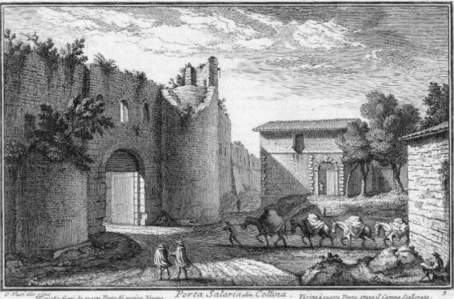 The Porta Saleria, the gate by which Alaric entered Rome, in an 18th century etching. The Gate was demoloshed in 1921