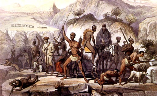 Resistance fighters defend a stronghold in the forested Water Kloof during the 8th Xhosa war of 1851. Xhosa, Kat River Khoi-khoi and some army deserters are depicted