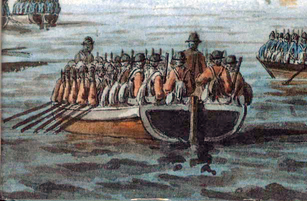 British troops in the type of flat-bottomed boat used for the invasion of Long Island. Hessians, in their blue uniforms, are in the two boats that are only partly visible.