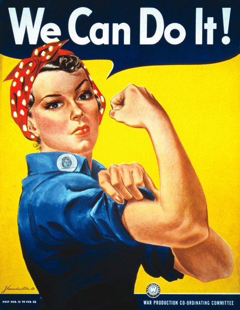 "We Can Do It!" by J. Howard Miller was made as an inspirational image to boost worker morale