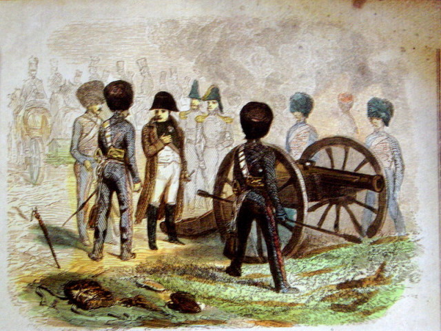 The Emperor Napoleon I giving directions to Guard artillerymen at the battle of Montmirail. The Guard artillery, under Napoleon's careful direct supervision helped turn the tide of the battle and win the day for the French.