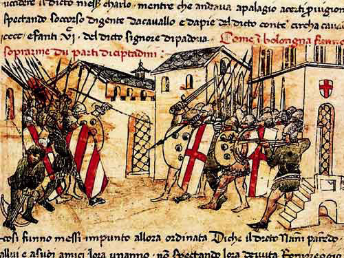 Giovanni Sercambi din Lucca descrie o încăierare din secolul al 14-lea între Guelfs și Ghibellines din Bologna's depiction of a 14th century skirmish between the Guelfs and the Ghibellines in Bologna