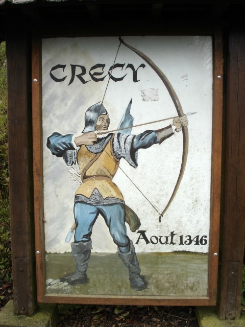 Village sign at Crécy-en-Ponthieu, Picardy commemorating the Battle of Crécy, 26 August 1346. Source: Peter Lucas / CC BY-SA 3.0