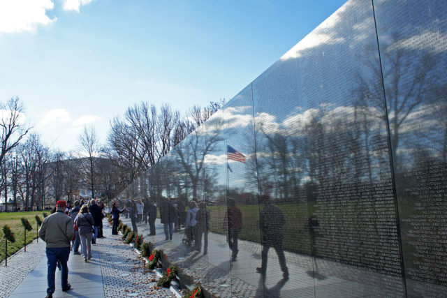 Vietnam Veterans Memorial Wall as seen around Christmas time. Photo via Mario Roverto Duran Ortiz and Wikipedia.