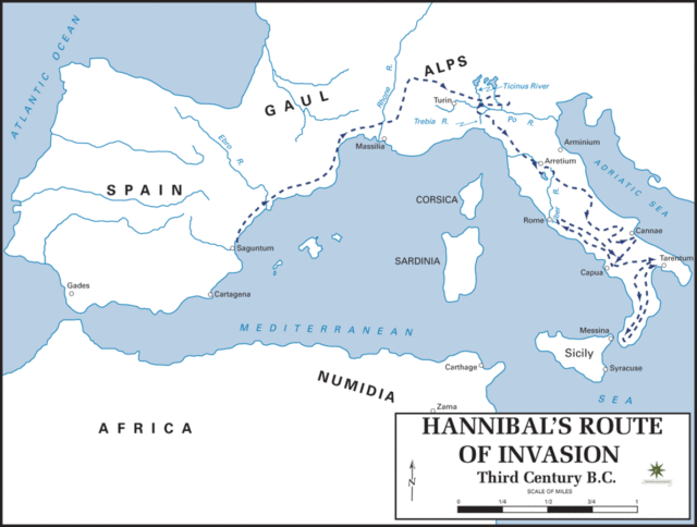 Hannibal´s route of invasion given by the Department of History, United States Military Academy. There is a mistake in the scale. Image Credit.