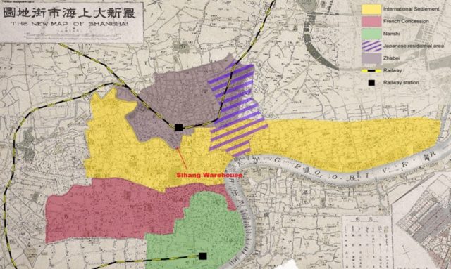 Fig 2. Map of Shanghai Disctricts - Chinese-administered districts are in GREY and GREEN. Image Source: Own modified version of map from (Henriot, 2009) http://www.virtualshanghai.net/Asset/Preview/vcMap_ID-712_No-1.jpeg