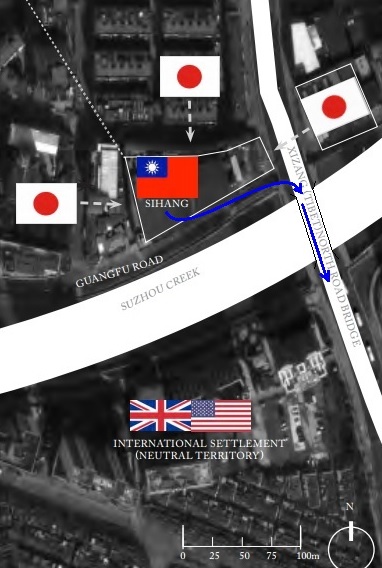 Fig 3. Map of the Sihang Warehouse parameter, 27th Oct-1st Nov 1937 (Blue movements - NRA retreat on night of 1st November, 1939) Image source: Own modified version from Fig 2.5 (Kubacki, 2014, p.50) - online version link in Bibliography