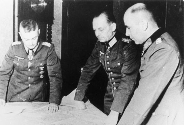 German Generals Rundstedt, Krebs and Jodl plan their last ditch offensive in the Ardennes, November 1944.