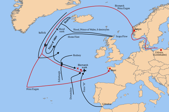 Map showing the course of Bismarck and the ships that pursued her (By Citypeek - Own work based upon the map Rheinuebung_Karte2.png, CC BY-SA 3.0 / Wikipedia)