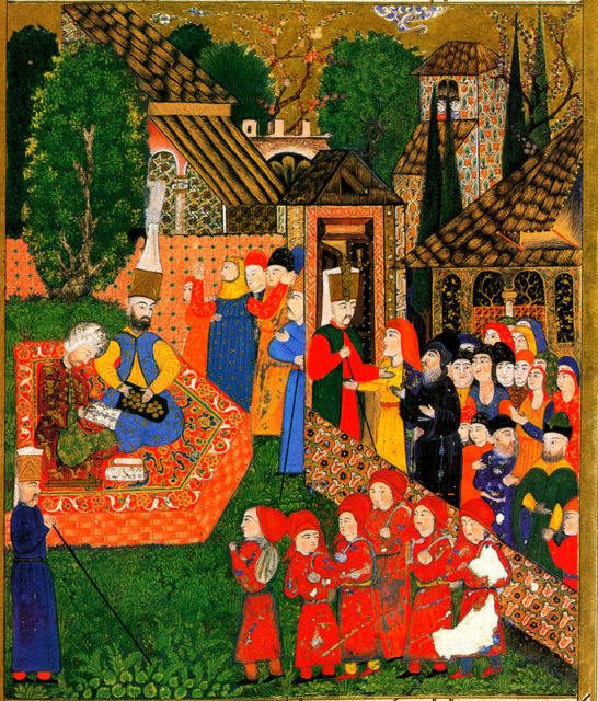 registo de rapazes para o devşirme. Pintura em miniatura otomana do Süleymann, 1558; por Ali Amir Beg (fl. 1558) - Süleymannâme, Istambul, Topkapi Palace MuseumJanissary Recruitment in the Balkans (upload), Public Domain, 