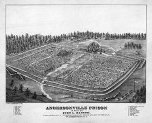 A drawing of Andersonville prison, hardly showing the horrors within.
