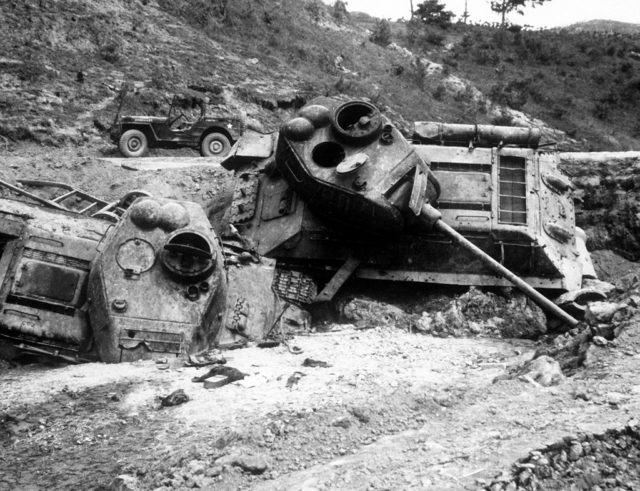 North Korean T-34 tanks destroyed by U.S. bombing.