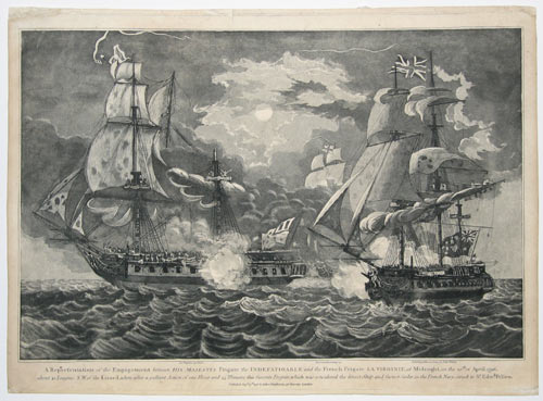 HMS Indefatigable, after her conversion to a 44 gun frigate, fighting with the French frigate Virginie. Image source: Wikimedia Commons/ public domain