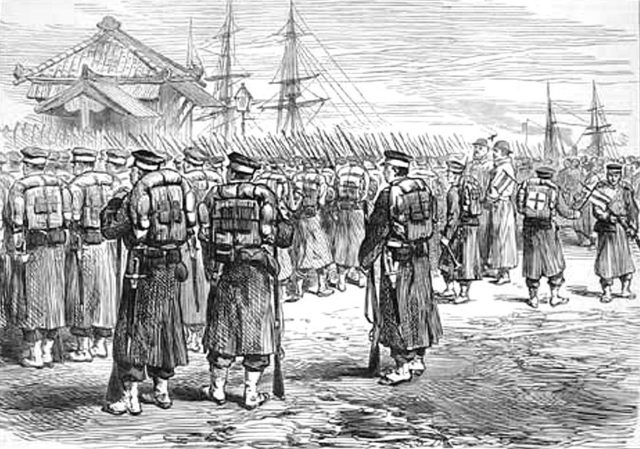 Modernized Imperial troops preparing to go on campaign against the Satsuma rebellion.