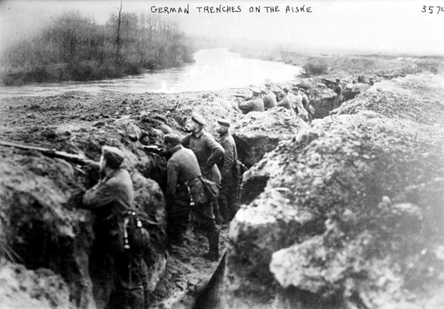 German Trenches on the Aisne during the First World War. The photograph is undated. The men are not wearing helmets so this is early in the war, possibly 1914 or 1915.