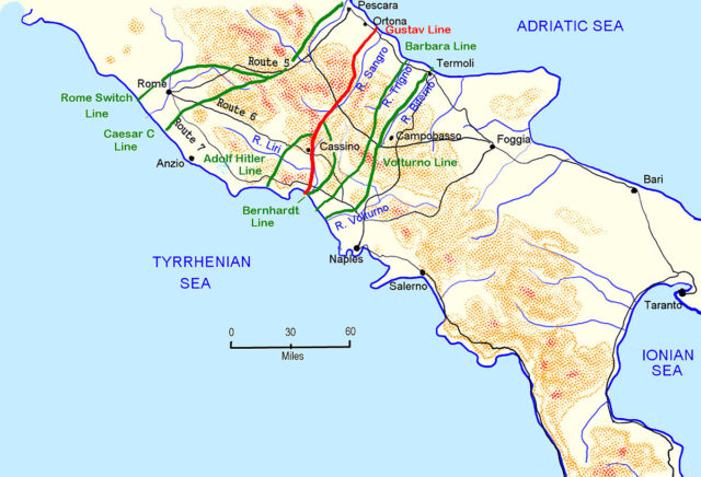 Map of the Italian Campaign: German-prepared defensive lines south of Rome. Photo: Stephen Kirrage / CC BY-SA 3.0
