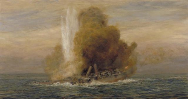 The sinking of HMS Pathfinder, the ship was racked by explosions before finally succumbing to the deep.