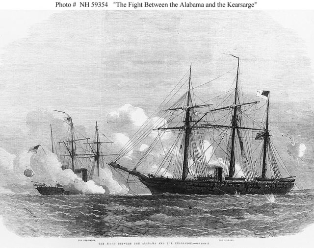 A contemporary portrayal of the battle between the two ships. The Alabama, flying Confederate colors, is on the right;