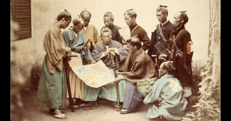 Samurai of the Satsuma clan, during the Boshin War period, circa 1867. Hand-colored Photograph by Felice Beato.
