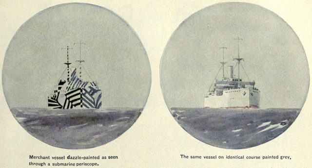 Submarine commander’s periscope view of a merchant ship in dazzle camouflage (left) and the same ship uncamouflaged (right).
