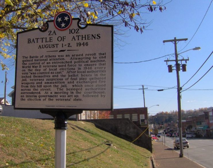 Tennessee Historical Commission marker in Athens, Tennessee, in the southeastern United States. Photo: Brian Stansberry, CC-BY 3.0