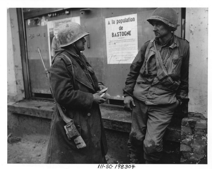 Infantrymen of the 110th Infantry, 28th Div., US 1st Army following the German breakthrough in that area, Bastogne, Belgium, 19 December 1944.