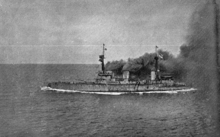 HMS Invincible going into action at the battle of the Falkland Islands