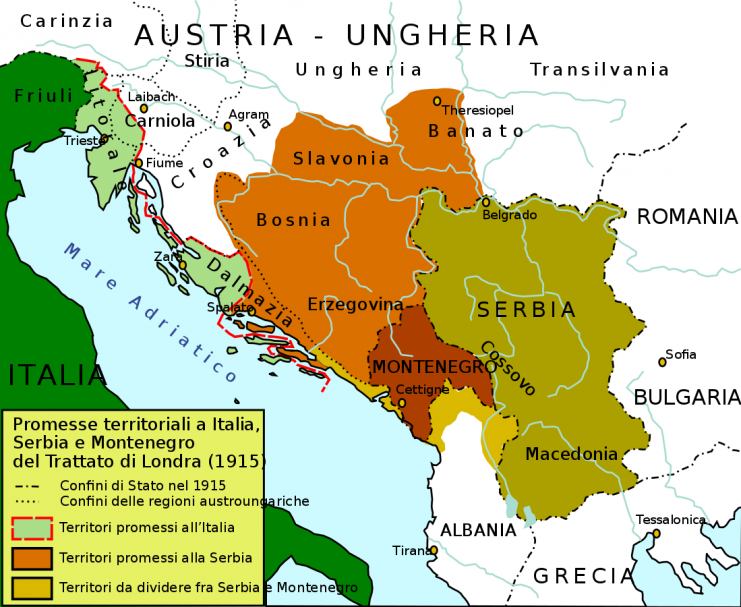 Territorial settlement of the eastern Adriatic following the promises made to Italy, Montenegro and Serbia with the London Pact (1915). By Rowanwindwhistler / CC BY-SA 3.0