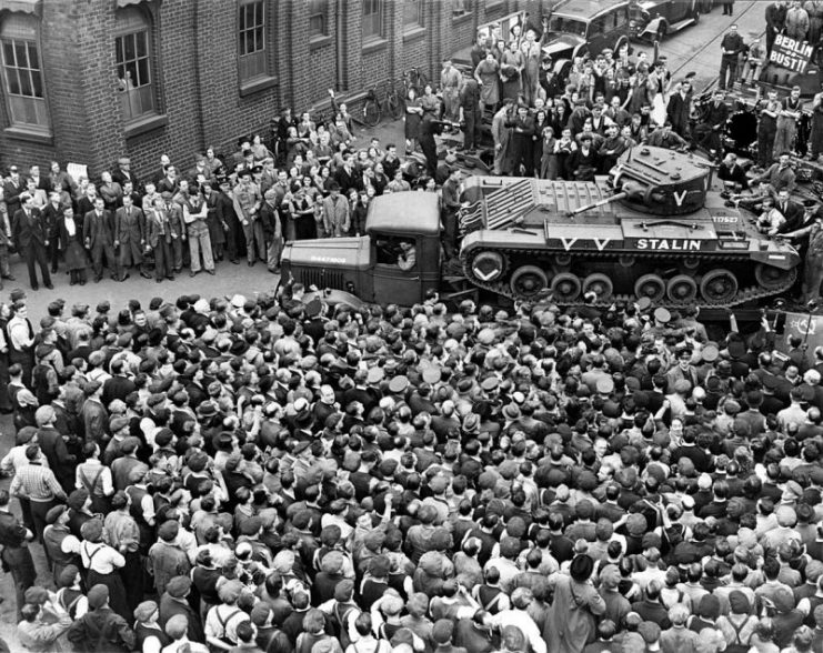 A Valentine tank destined for the Soviet Union leaves the factory in Britain.