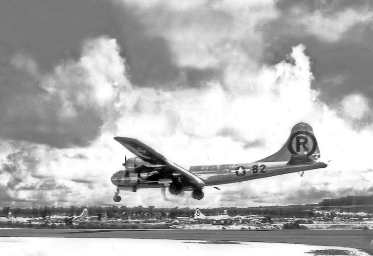Boeing B-29 Superfortress “Enola Gay” landing after the atomic bombing mission on Hiroshima, Japan