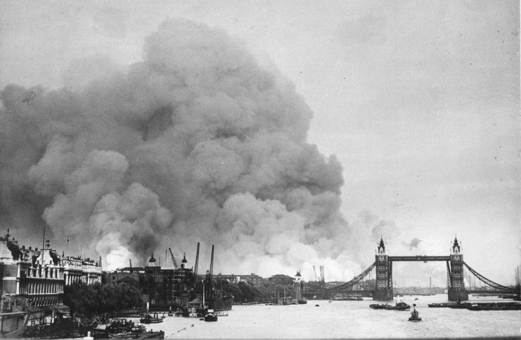 Smoke rising from fires in the London docks, following the bombing on 7 September.