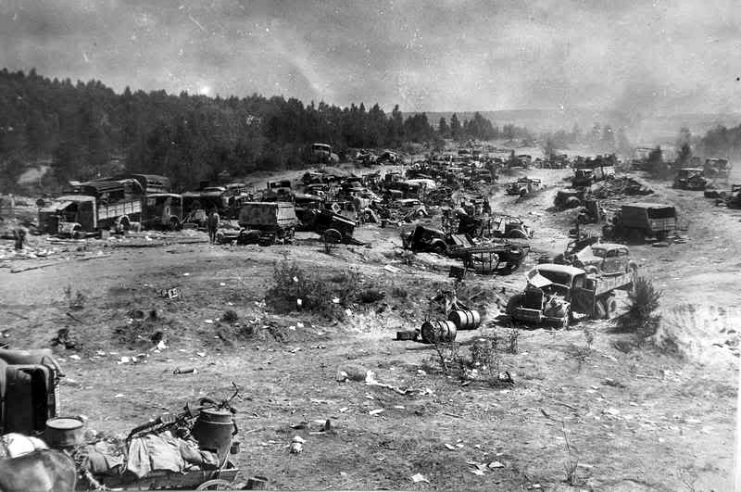 Abandoned vehicles of the german 9th army at a road in Belarus.