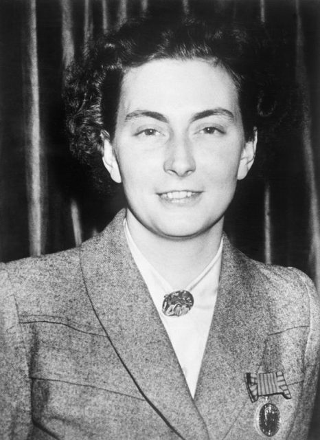 Mlle Andree de Jongh, who saved the lives of many British airmen and soldiers, pictured after visiting Buckingham Palace to receive the George Medal in February 1946.