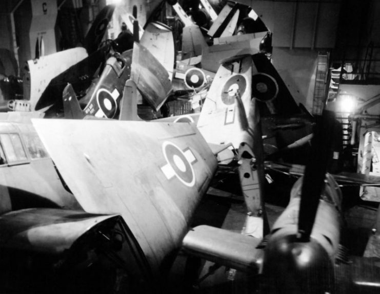 F6Fs_packed_tightly_in_hangar_deck - 1945