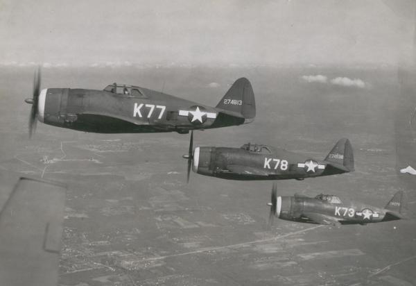 P-47 no. 78 is flown by Lt R. Marko over the NYcountryside (1943).