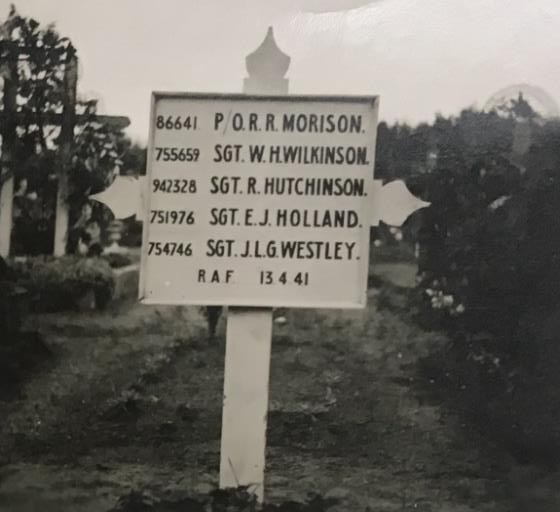 Grave marker for the five aviators in St Sever cemetery. Photos taken by the Wilkinsonfamily in 1949.