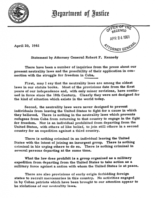 Robert F. Kennedy’s Statement on Cuba and Neutrality Laws, 20 April 1961